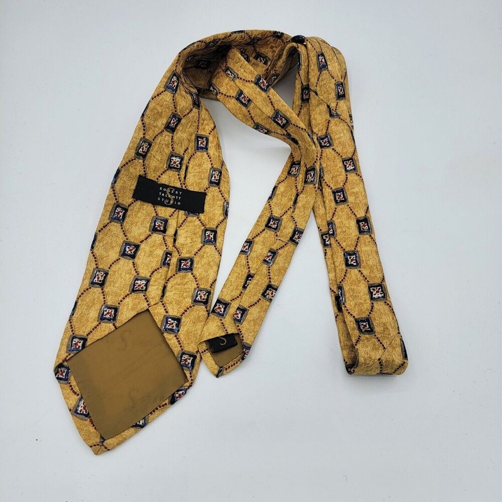 Mens Necktie Robert Talbott Tie - Yellow Geometric Silk  58" x 4" Vintage - Picture 3 of 7